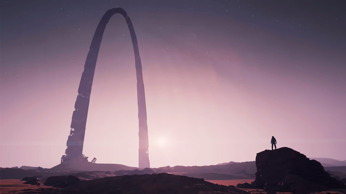 An astronaut stars into the sky at a gigantic archway as the sun sets in Starfield.