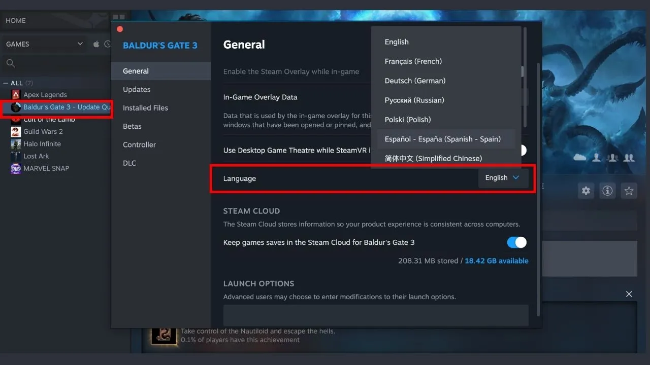 Steam menu featuring the language menu and drop down for Baldur's Gate 3