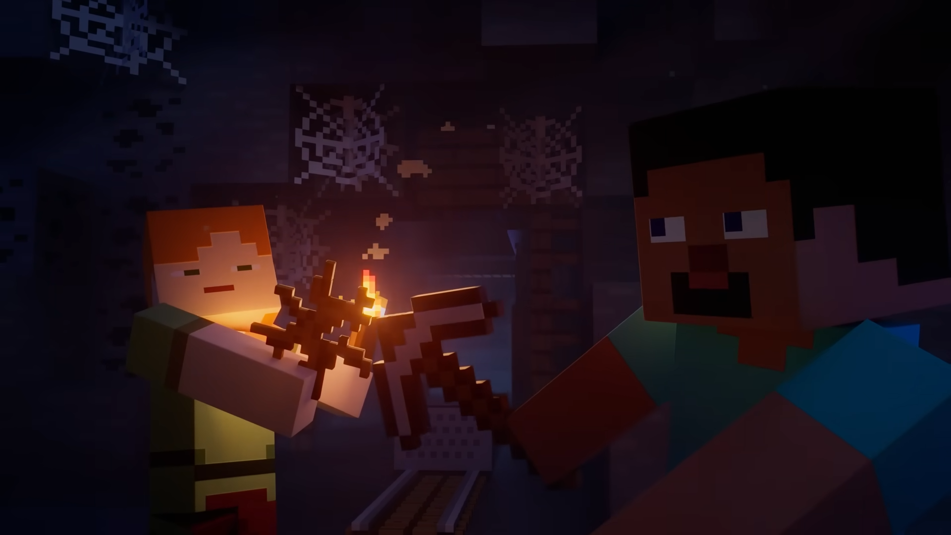 Minecraft AlexとSteveが一緒に鉱物を探索しています。