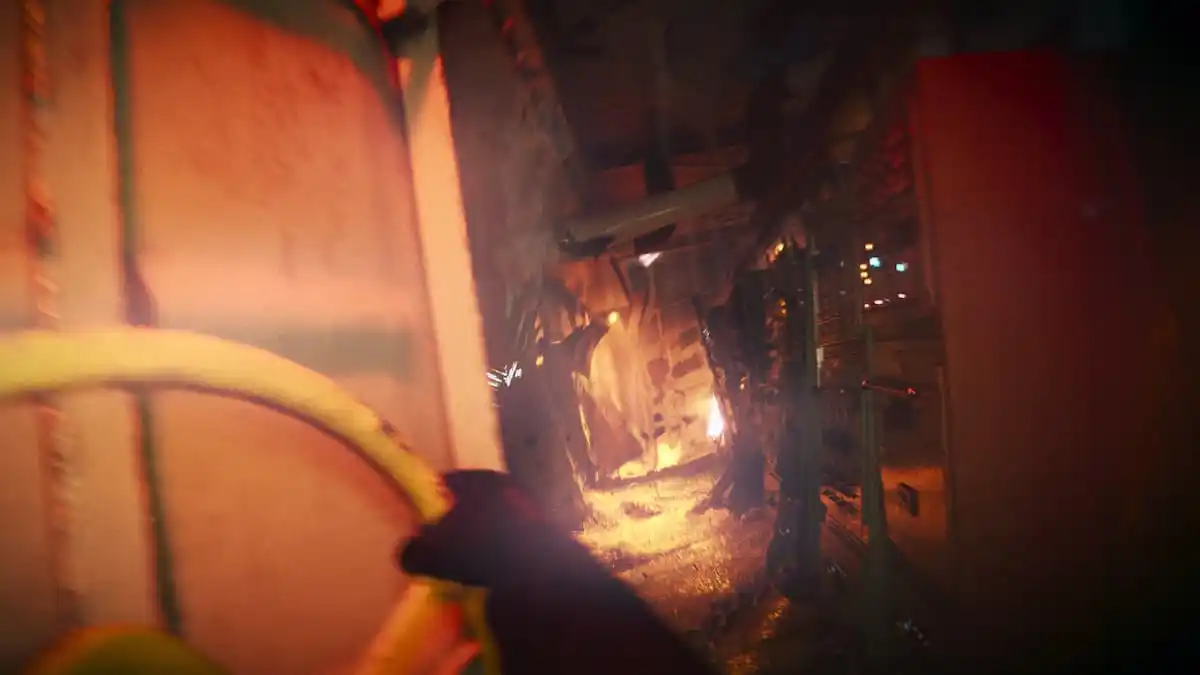 a first-person view of someone trying to open a hatch on an oil rig while looking down a dark, blurry hallway