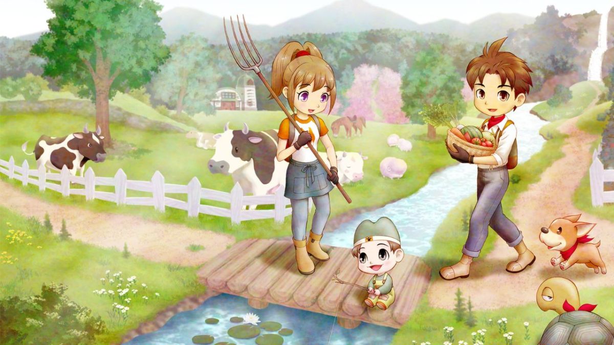 Two people holding gardening tools staring at their child in Story of Seasons: A Wonderful Life