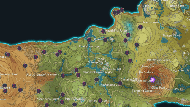 A map of Sumeru with the Time Trials marked. 