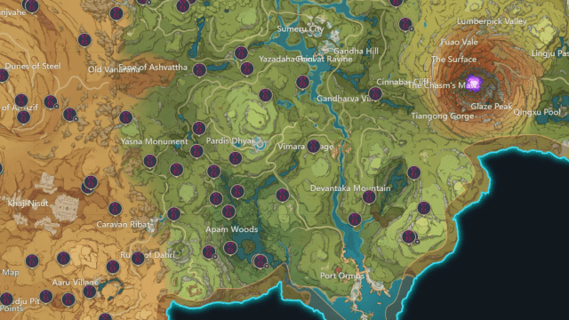 A map of Sumeru with the Time Trials marked. 