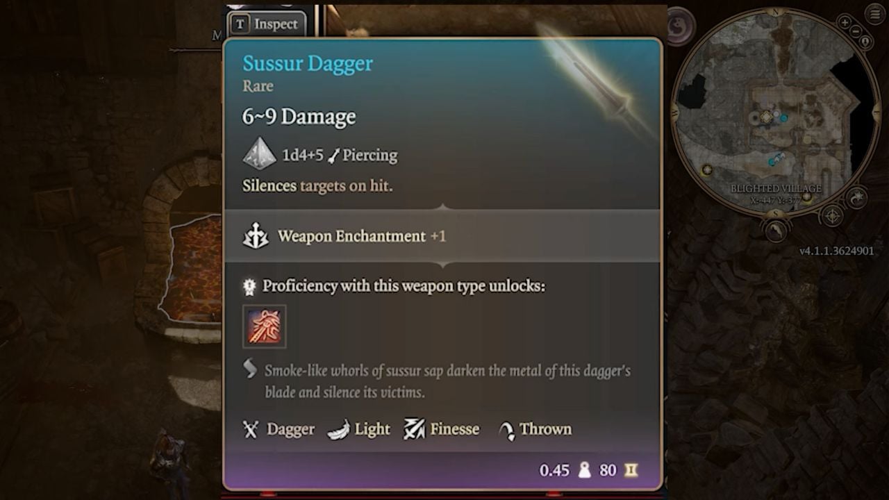 Card featuring the icon for the Sussar Dagger with its stats and information in BG3