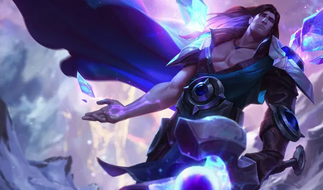 The League of Legends champion Taric holding a levitating crystal while staring into the distance.