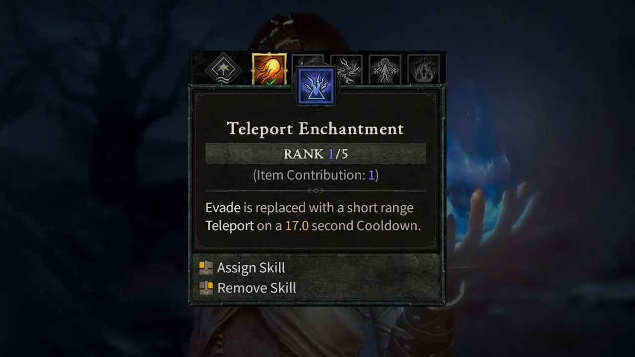 A card featuring information on the teleport enchantment Diablo 4