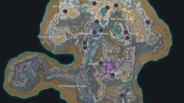 A map of The Chasm underground with the Time Trials marked. 