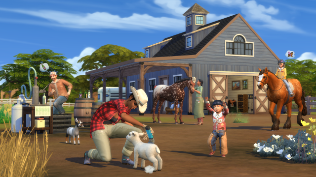 Three adult sims, one child sim, and one toddler play on a ranch with two horses, a goat, and a sheep.