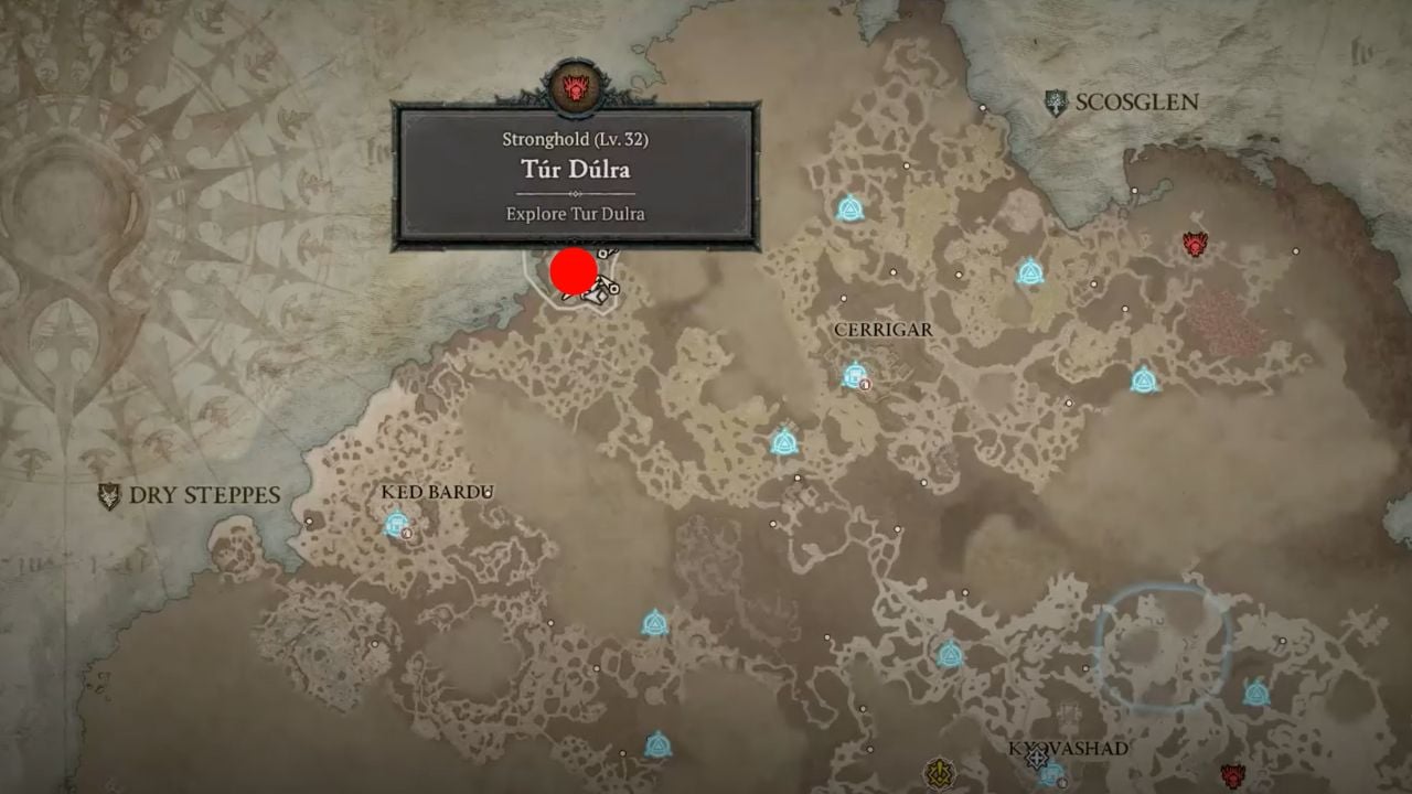 Red dot showing the location Tur Dulra in Diablo 4