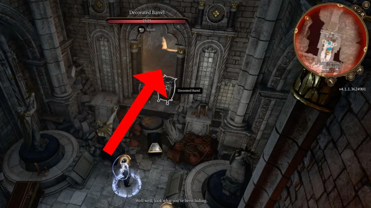 Arrow pointing to secret passage between two statues in BG3