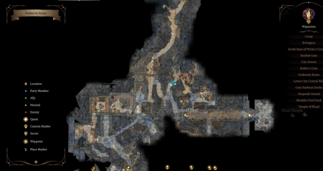 Image of the map of the undercity in Baldur's Gate 3, showing the Temple of Bhaal location.