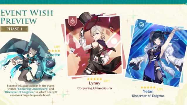 The artwork for the two banners arriving in the first half of the update which are the five-star Pyro Bow chaarcter Lyney and the five-star Hydro Bow character Yelan plus the four-star Anemo Sword character Lynette. 