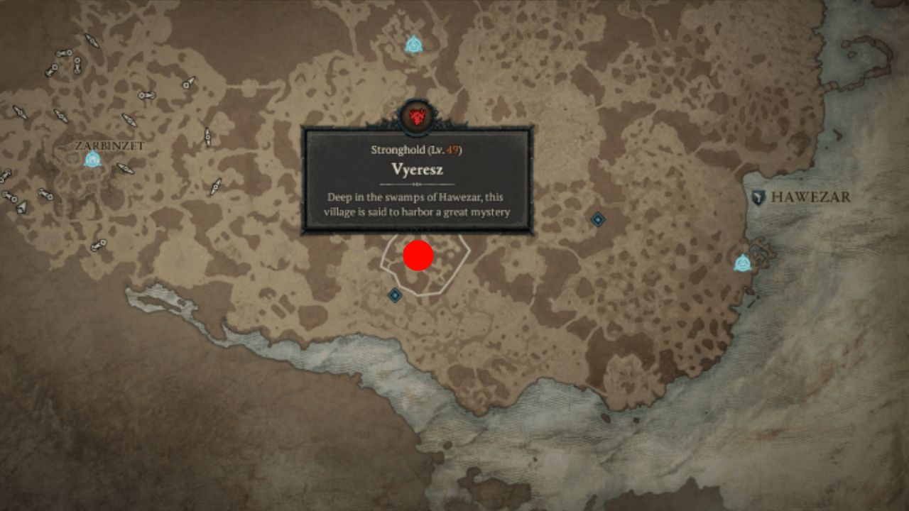 Red dot showing location of Vyeresz in Diablo 4