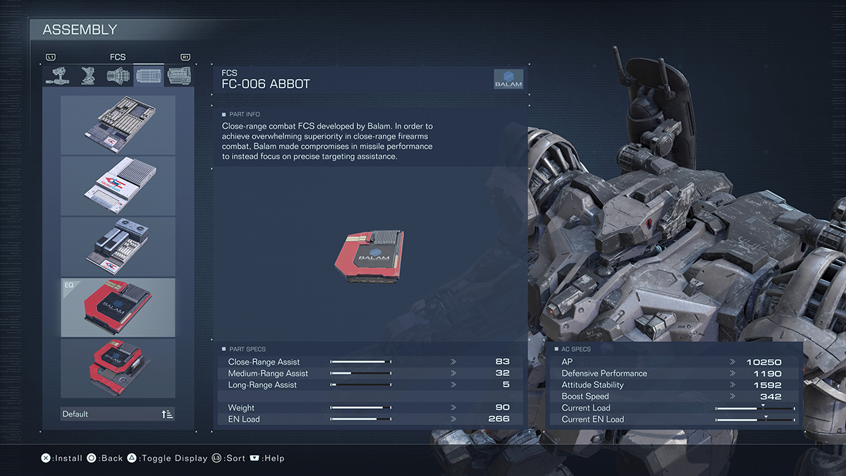 A menu screen for the FC-006 Abbot from Armored Core 6.