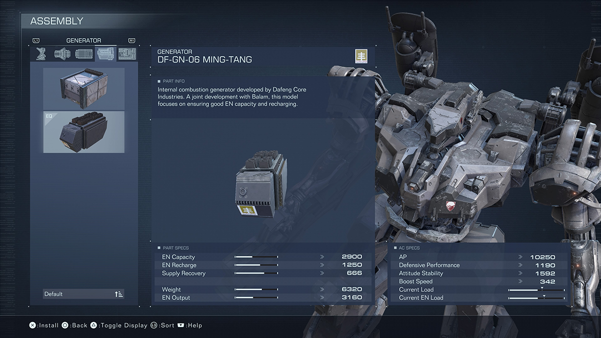 A menu screen for the FD-GN-06 Ming-Tang from Armored Core 6.