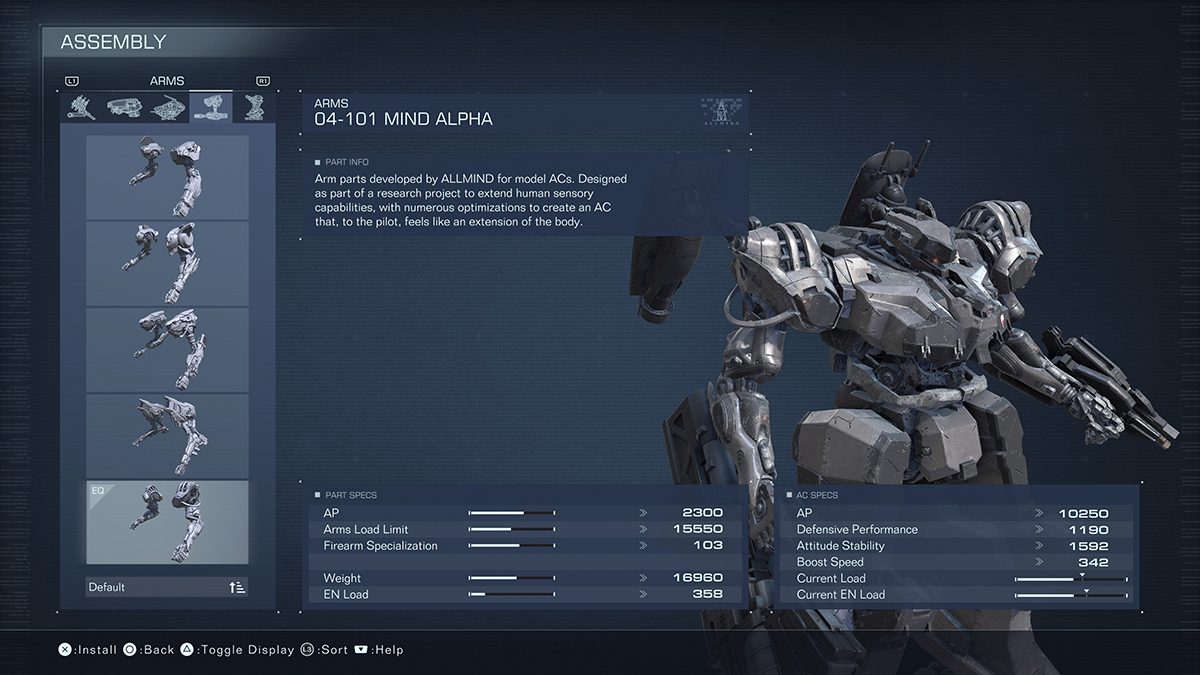 A menu screen for the 04-101 Mind Alpha from Armored Core 6.