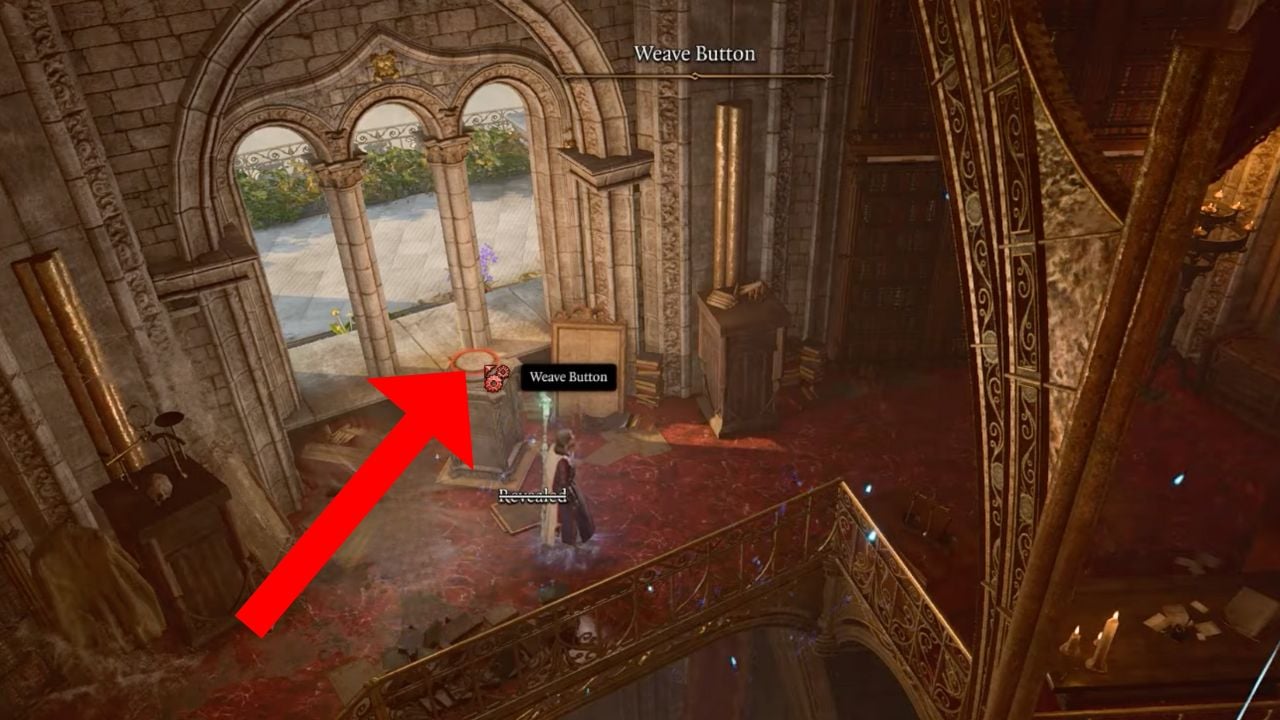 Red arrow pointing to a lever for the arcane shield in BG3