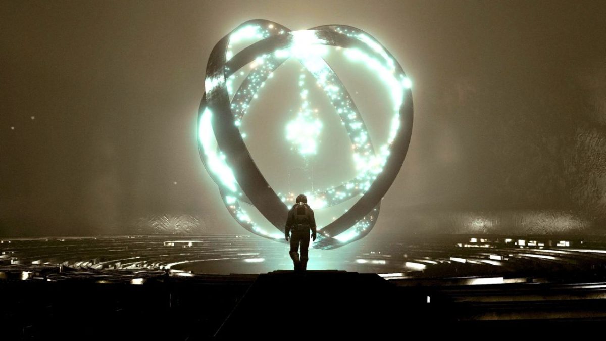 A man standing in front a giant glowing cylindrical statue in Starfield