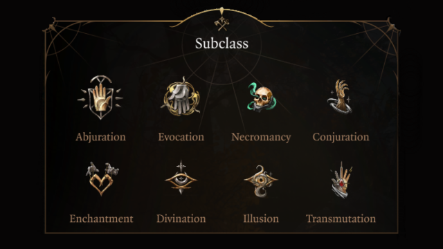 Baldur's Gate 3 All Wizard Subclasses. There are nine total options: Abjuration, Evocation, Necromancy, Conjuration, Enchantment, Divination, Illusion, and Transumation.