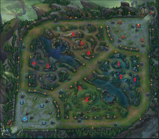 Screenshot of League of Legends map with red numbers indicating Raptors/Wolves start.