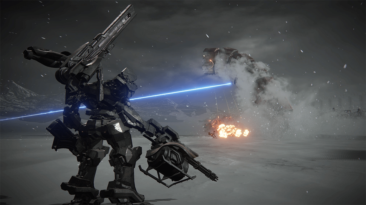 A giant mechanical worm is hit with a blue laser in Armored Core 6.