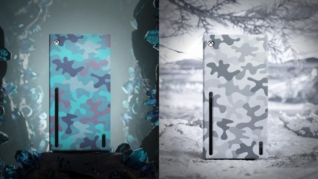 An image of the Arctic Camo and Mineral Camo Xbox Series X console wraps.