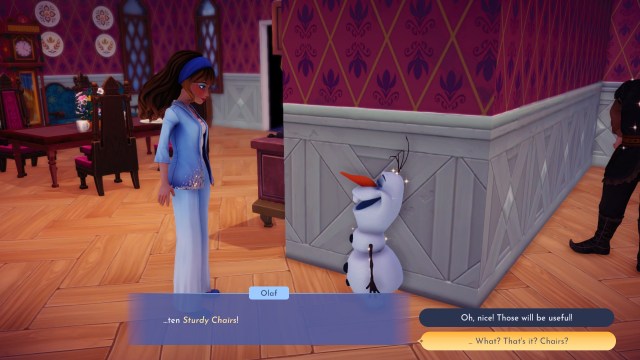 The player talking to Olaf and receiving 10 sturdy chairs. 