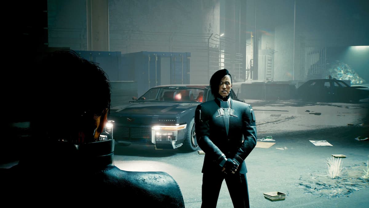 a japaese man with lots of implants wearing a suit, standing at ease in frot of a nice saloon car in a dark alley in Night City