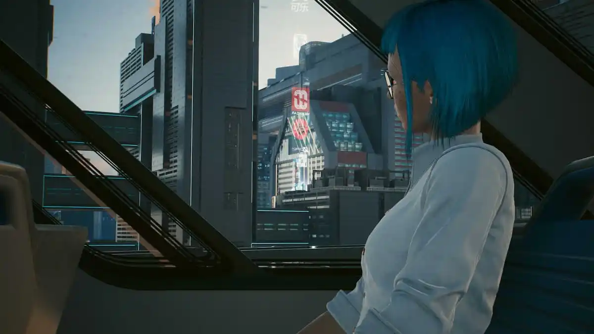 V looks out a bus window at night city. she has blue hair cut into a stylish bob