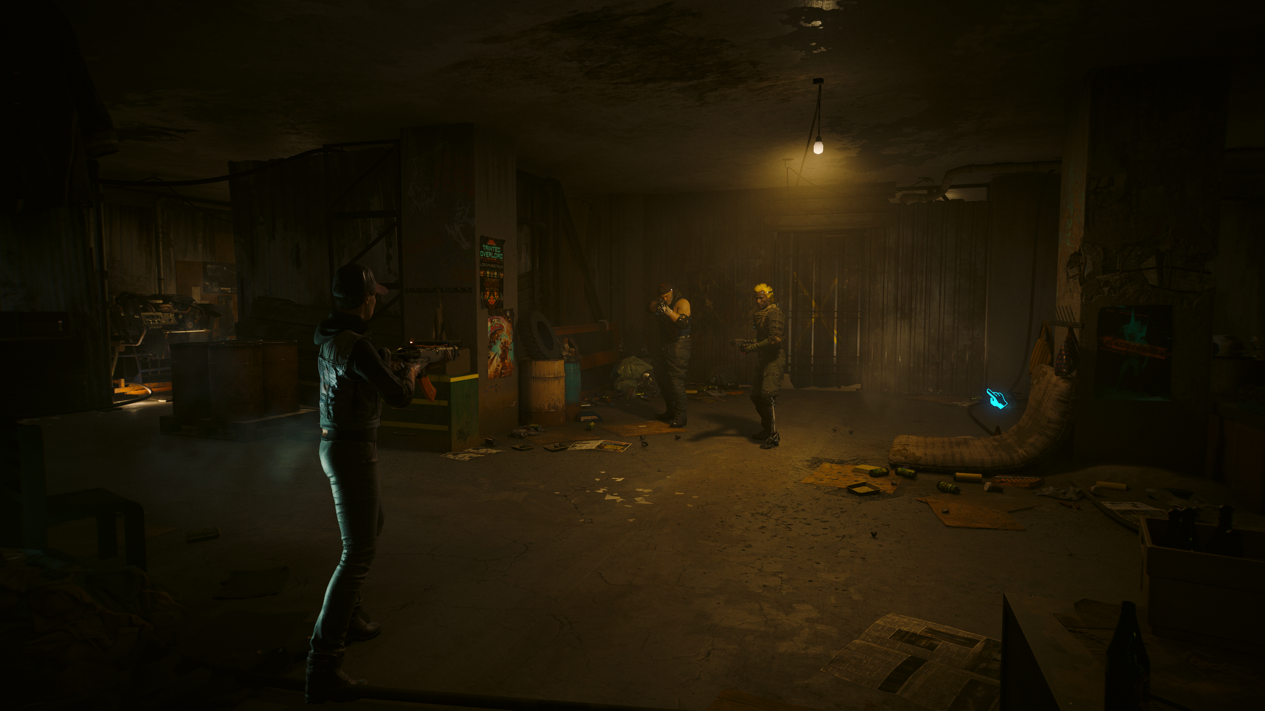 A standoff between one armed woman and two armed men in Cyberpunk 2077.