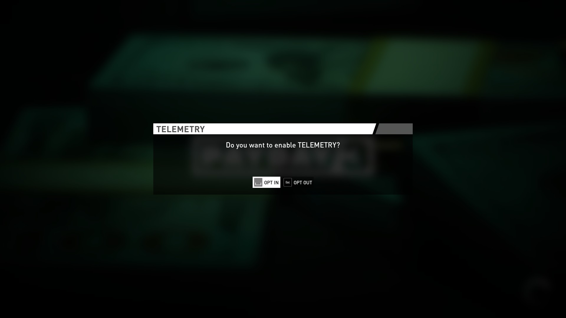 A Payday 3 screen asking the player if they want to enable telemetry.