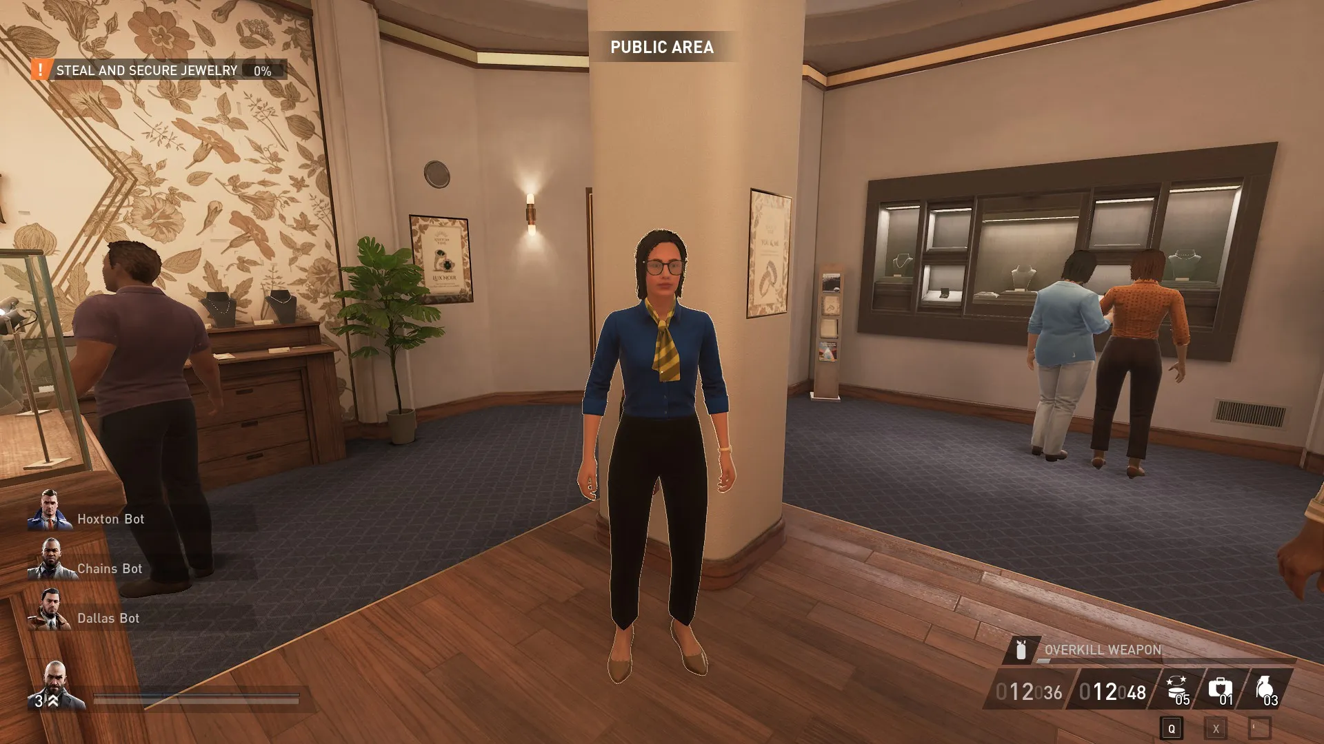 An image showing a jewelry store in Payday 3. One employee with a blue shirt, glasses, and a yellow scarf is on the center of the image.