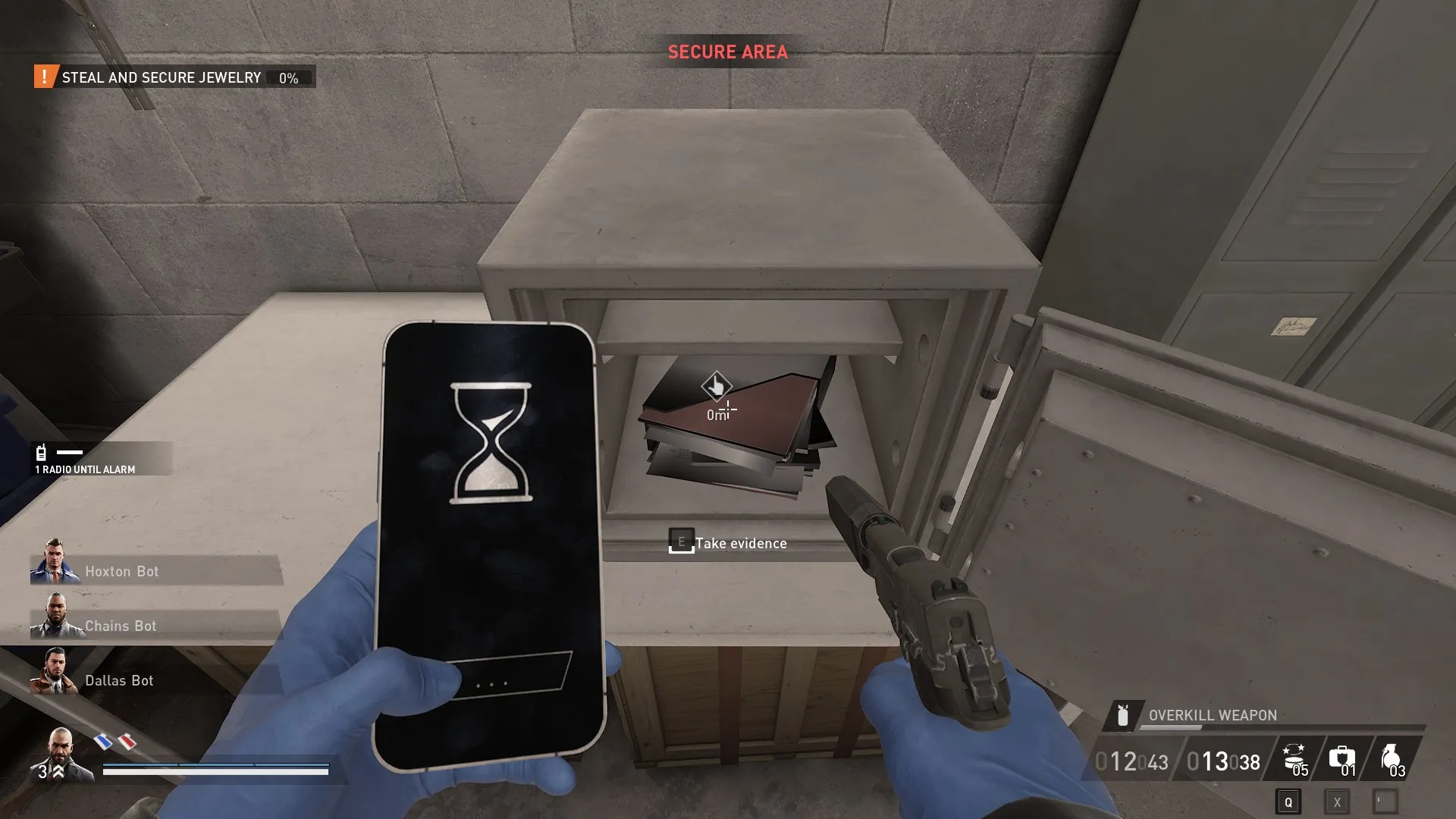 A heister with a pistol taking pictures of documents that were in a locked safe.