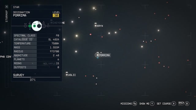 Screenshot of the Porrima system as it appears in the Starfield starmap