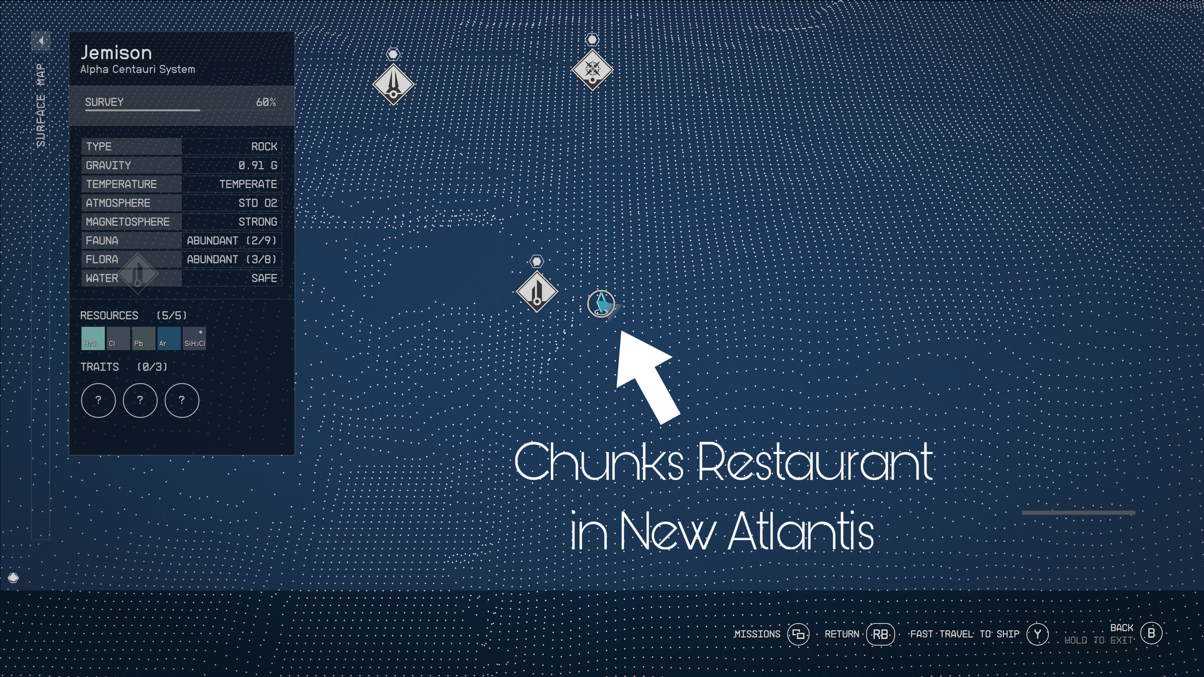 An in game screenshot of the New Atlantis map with an arrow pointing to the location of the Chunks restaurant from the game Starfield. 