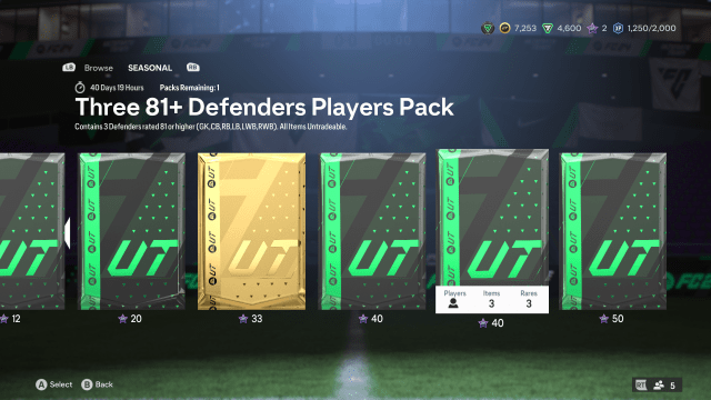 The Moments Seasonal Store in EA FC 24, showing a selection of rewards including a Three 81+ Defenders Player Pack.