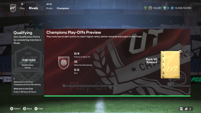 The qualification page for Champions in EA FC 24, showing available points and the remaining matches in play-offs.