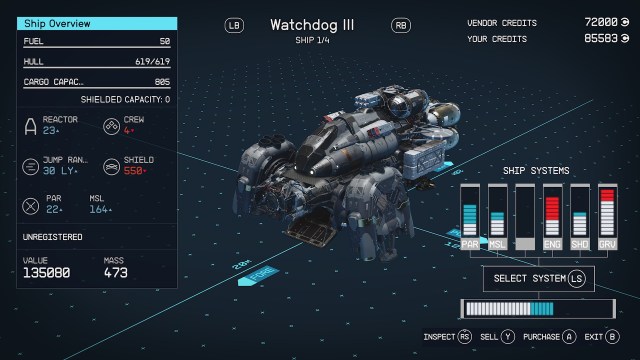 The Watchdog III as it appears in the ship customization menu of Starfield.