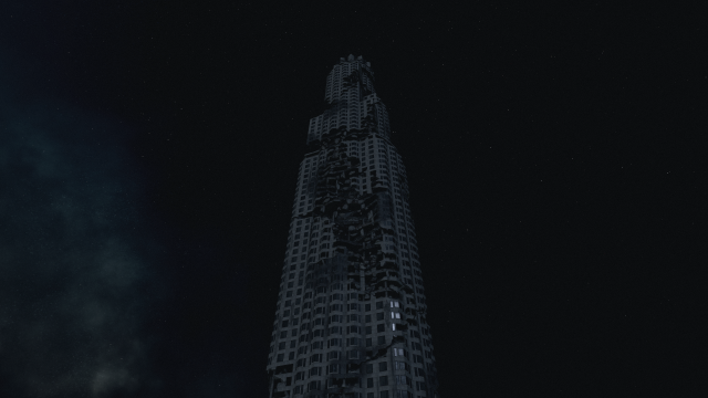 The US Bank Tower shown beneath the night sky in Starfield.