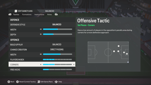 A custom tactic in EA FC 24 showing tactics for a 5-3-2 formation.