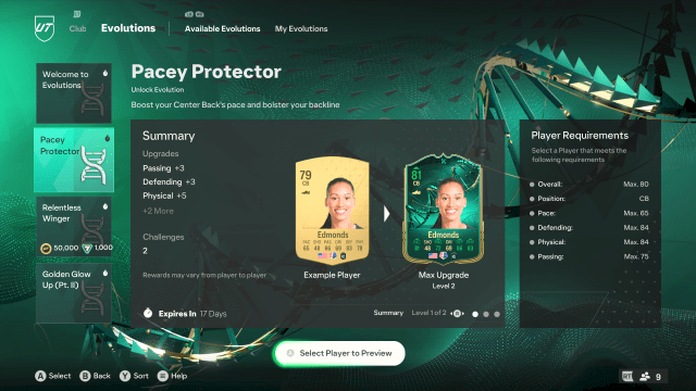 The Pacey Protector Evolutions shown in EA FC with Kristen Edmonds as an example player.