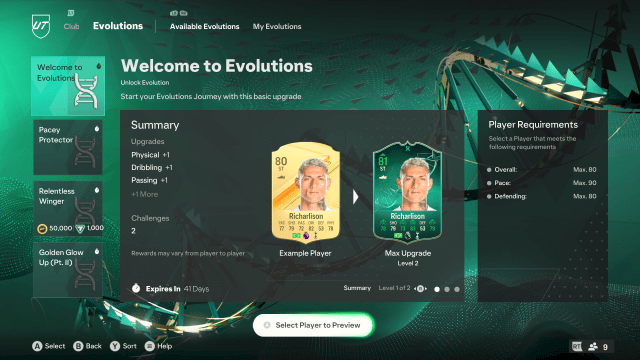 The Welcome to Evolutions Evolution in EA FC 24 showing Richarlison as an example player.
