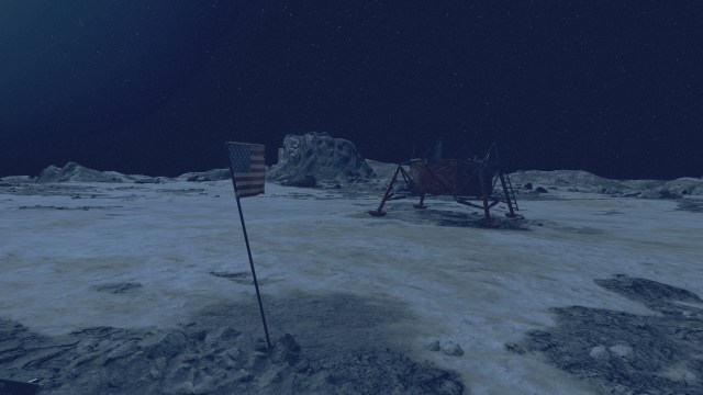 The surface of the Moon in Starfield showing the American flag in front of the Apollo landing craft.