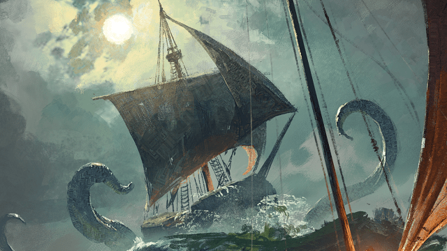 A sailboat is being assaulted by tentacles during a semi-cloudy day on the waters of DnD 5E.