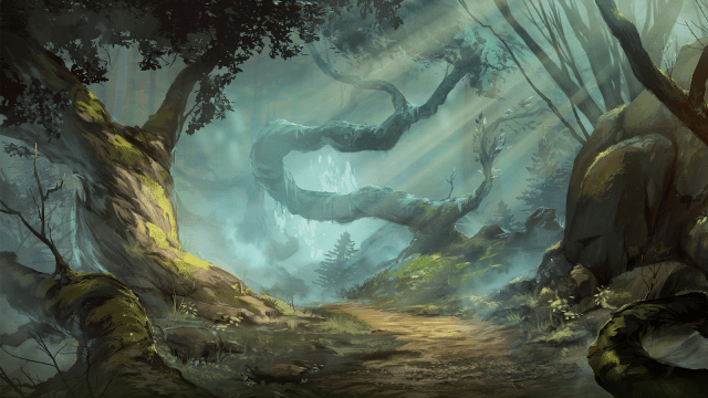 A series of curled, morphed trees sit across a forest path in DnD 5E. Some light can be seen streaming in from the canopy.