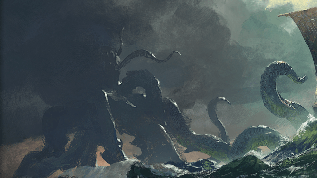 A large, octopus-like monster rises from the depths in DnD 5E. Its form is largely silhouetted against a cloudy sky.