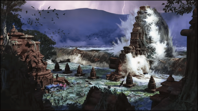 A flood occurs in the city of Manivarsha, a part of the DnD 5E Journeys through the Radiant Citadel adventure booklet. A mountain is seen being flooded.