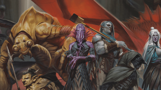A series of monsters, such as an octopus man, a green-faced Orc, a dark-skinned Drow, and a crowman, are seen gathered together in front of a pair of wings in DnD 5E.