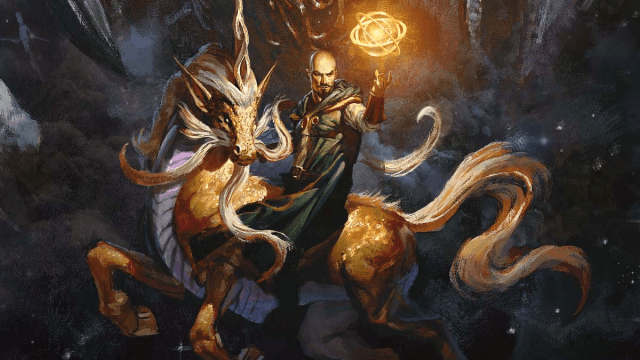 A bald, tattooed Wizard rides an orange equine animal with a horn in DnD 5E while holding an orb of energy.