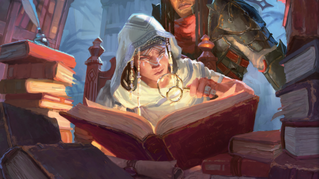 A woman in a white cloak reads from a book while an armored man watches on this cover of a DnD 5E adventure.